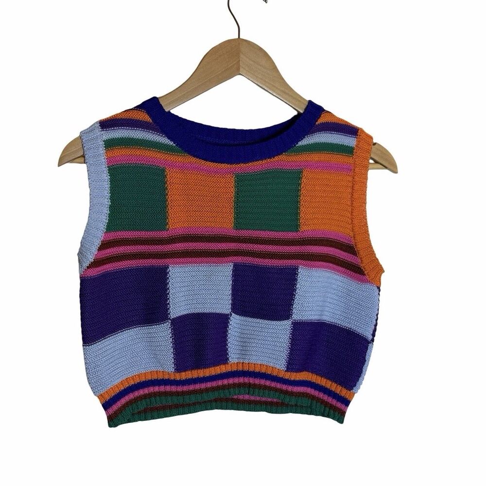 Zara Knit Crochet Colorful Sweater Vest Women’s Large Multicolor Patchwork Block